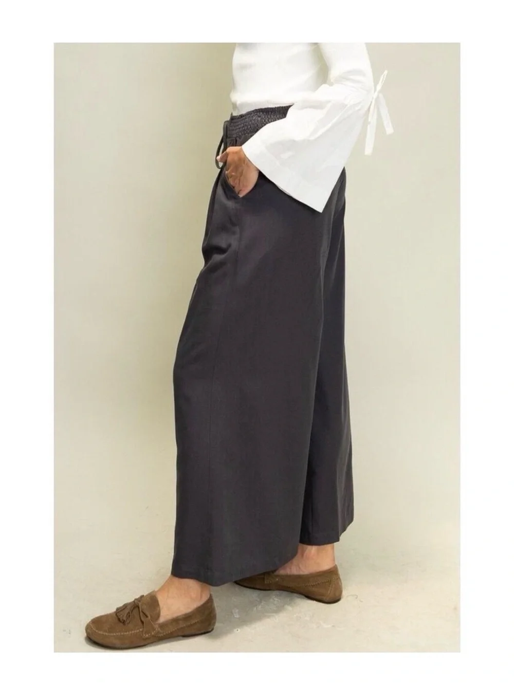 Heyson Pleated wide-leg pants Navy Blue adjustable drawstring NWT